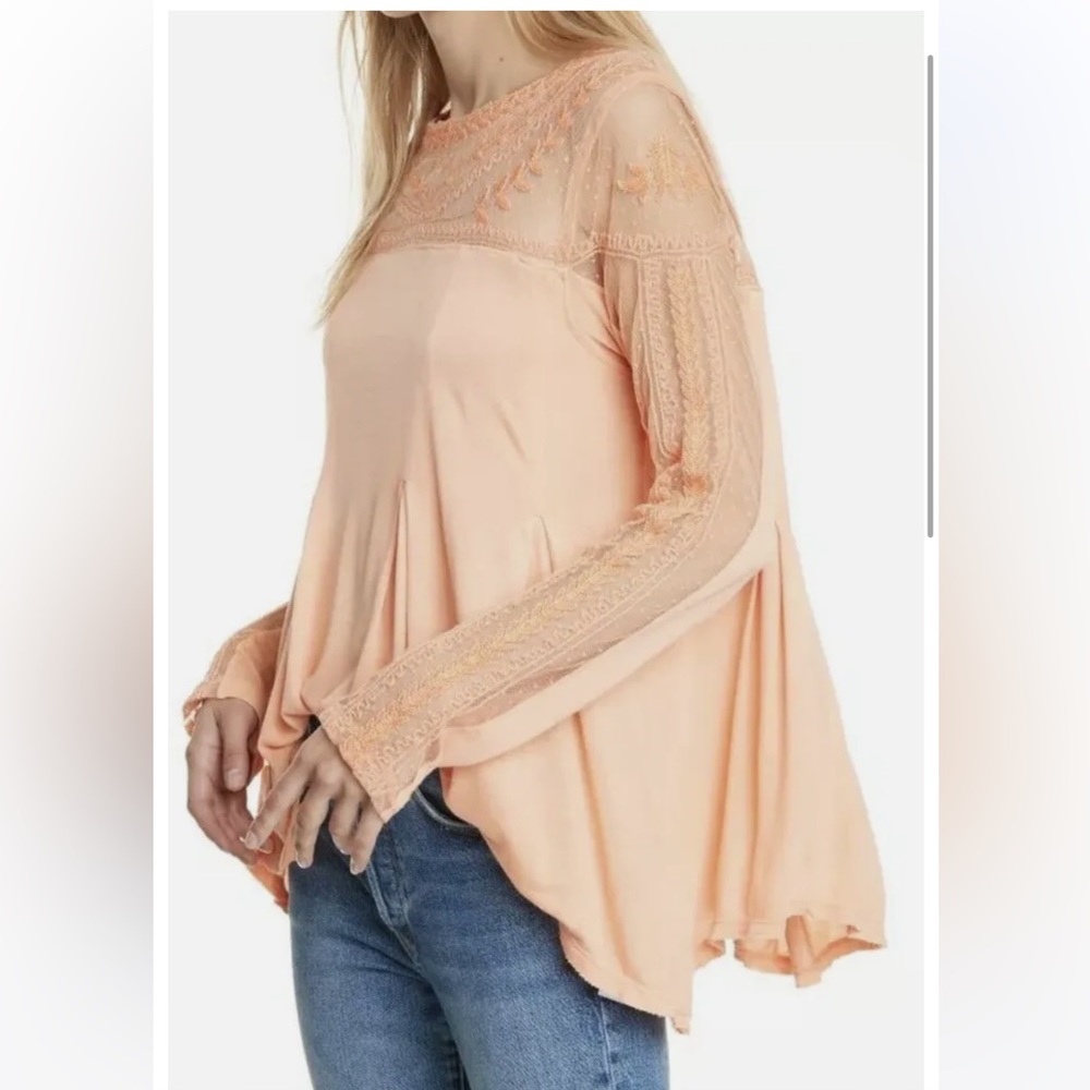Free People Jojo Embroidered Mixed Media Long Sleeve Top Coral Size Small - Picture 3 of 11